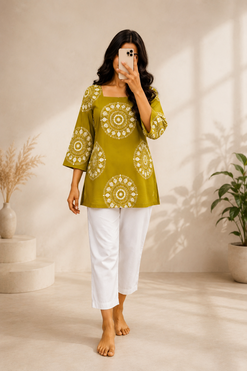 Olive Green Printed Cotton Kurti