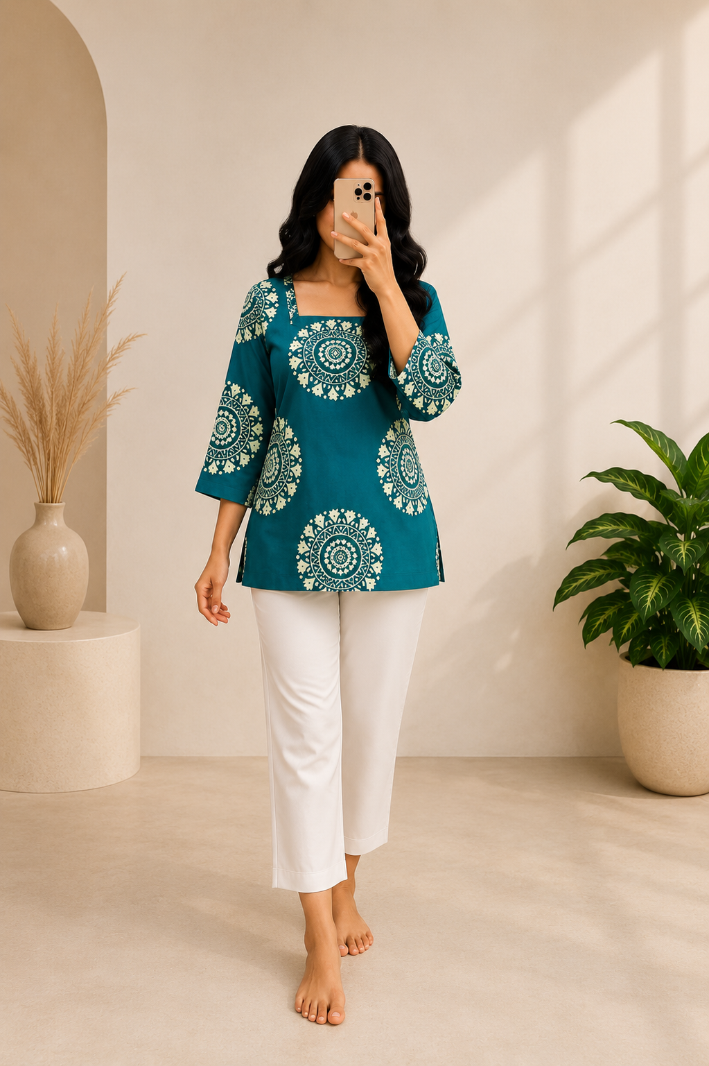 Teal Printed Cotton Kurti