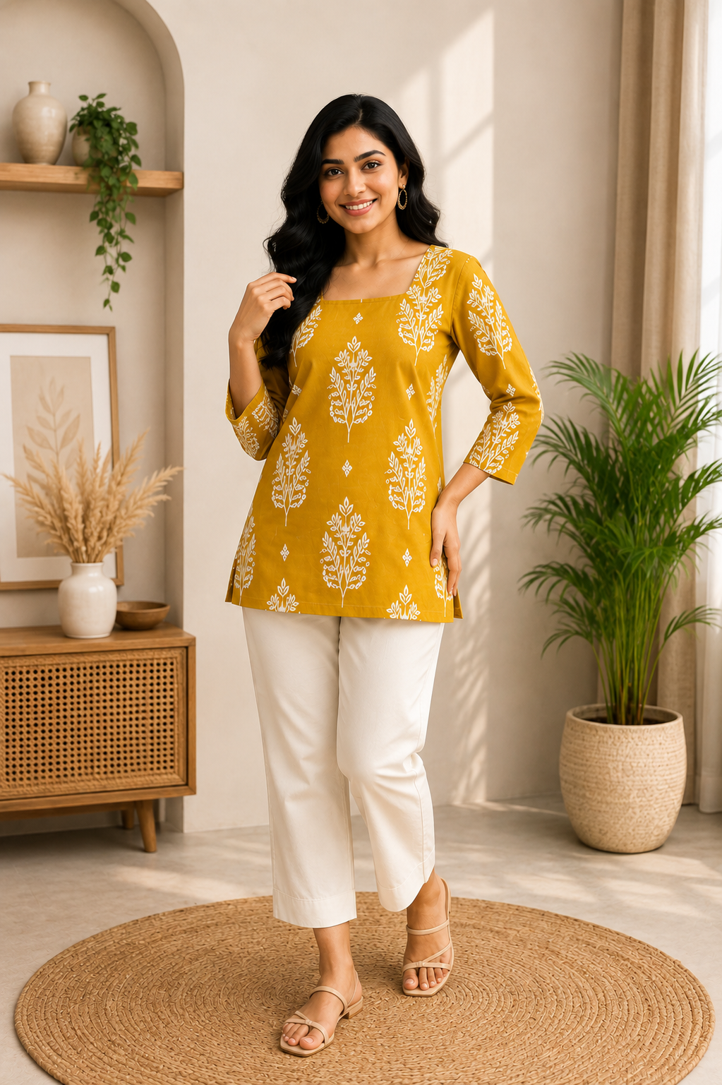 Mustard Yellow Printed Cotton Kurti