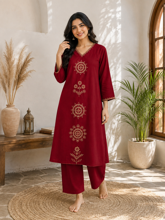 Maroon Embroidered Kurta Set