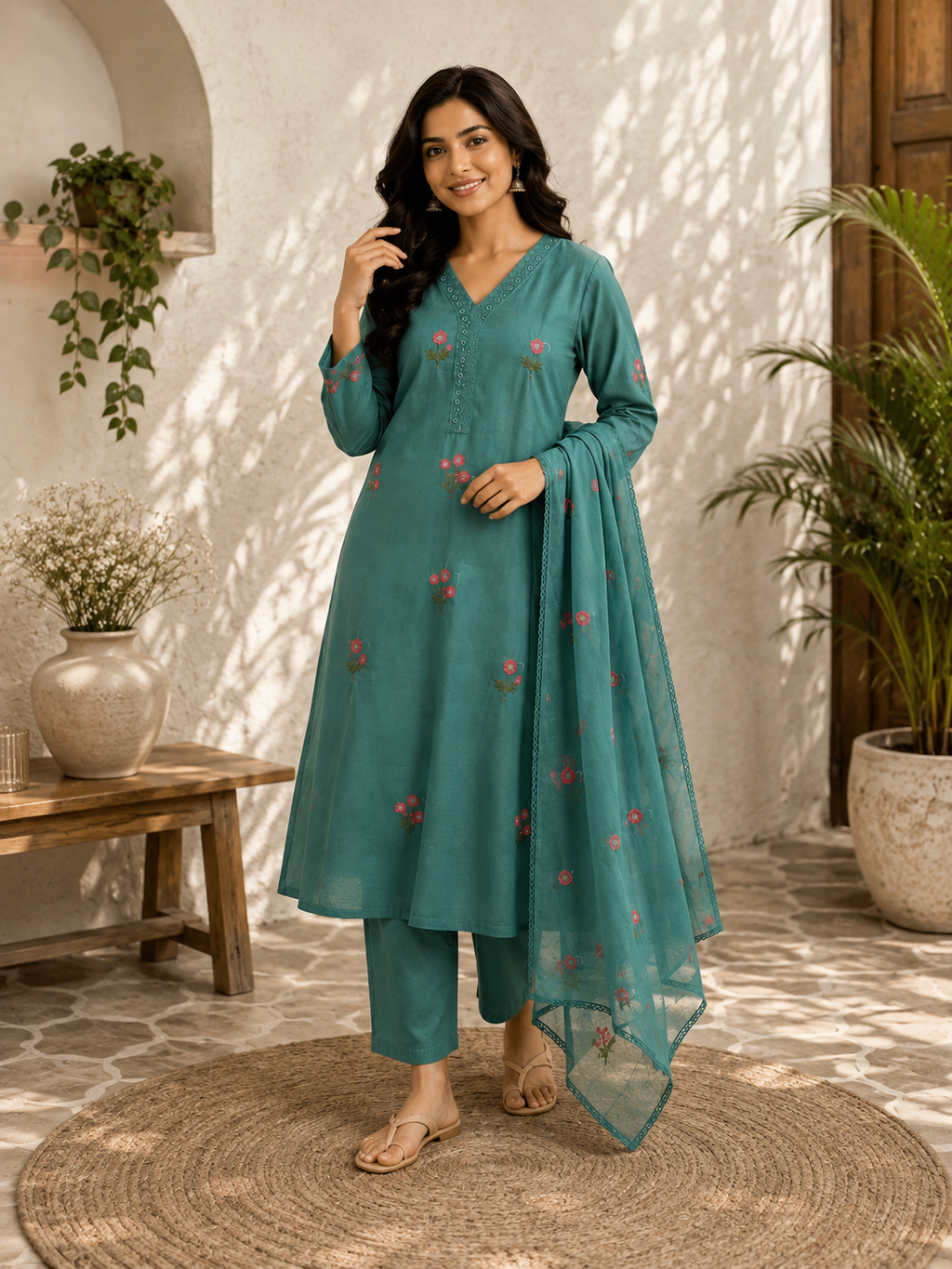 Teal Embroidered Anarkali Kurti Set