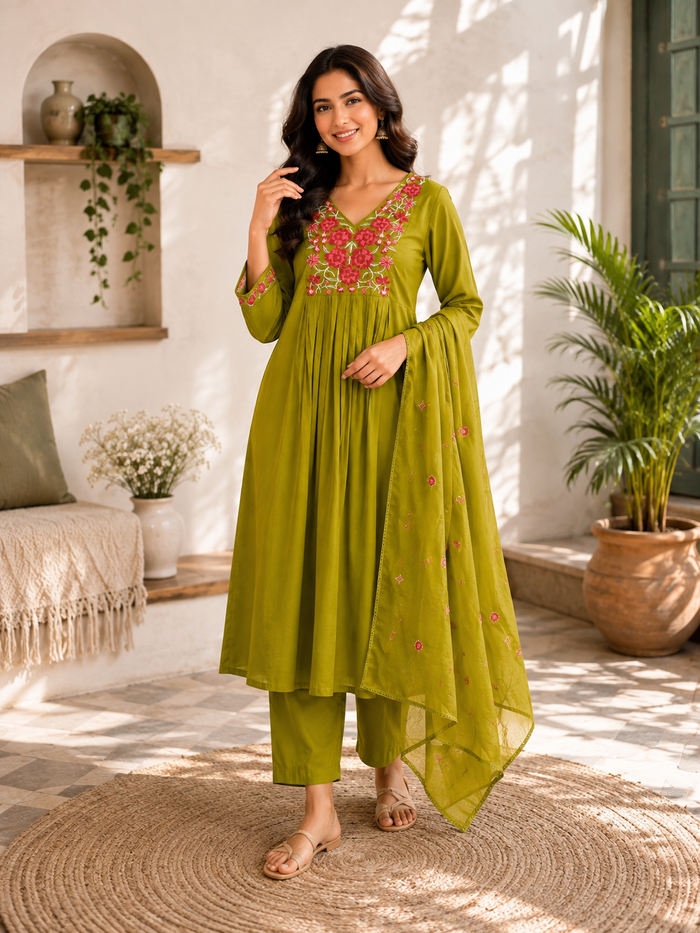 Olive Green Embroidered Anarkali Set