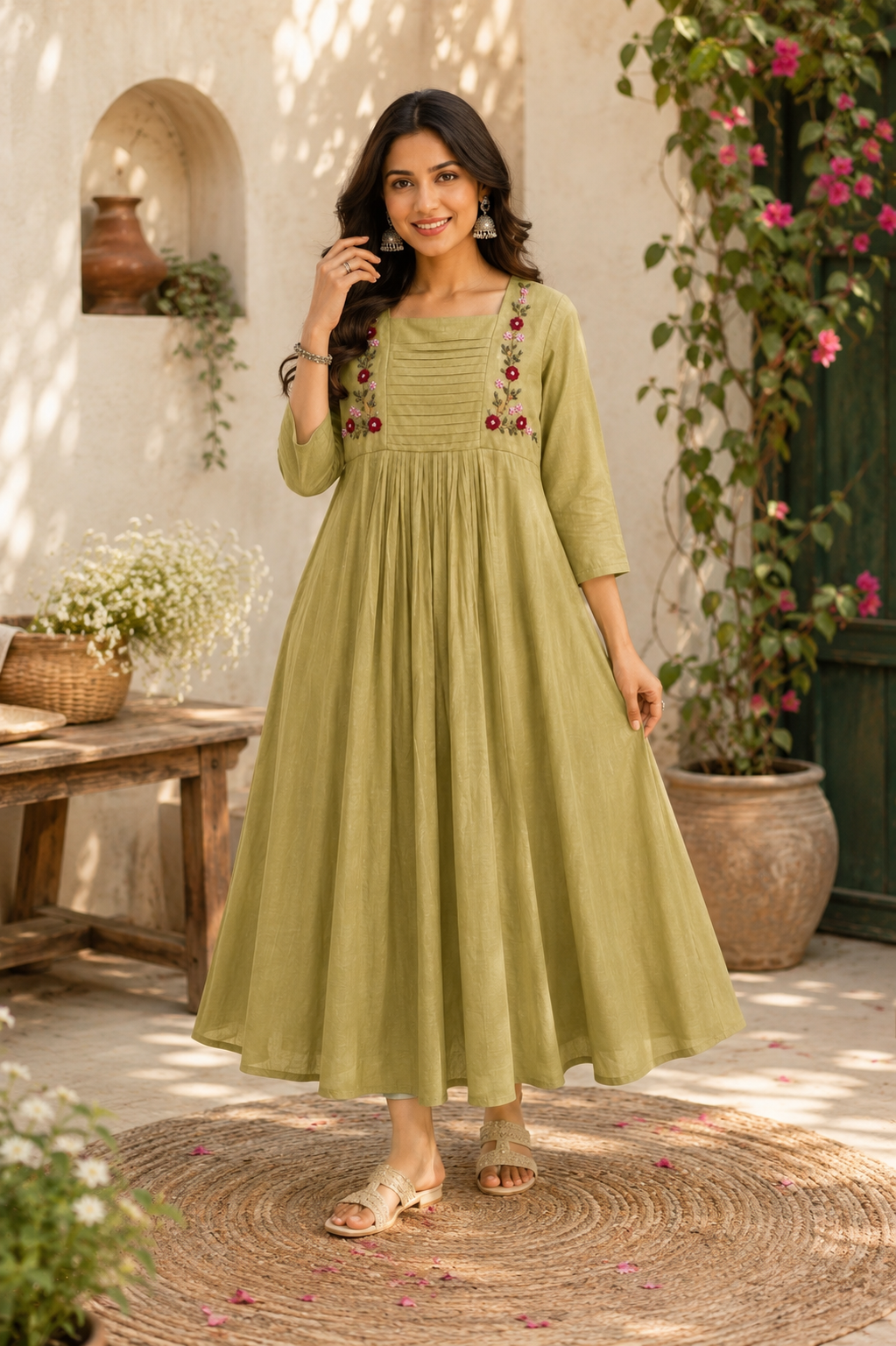 Sage Green Floral Anarkali Dress