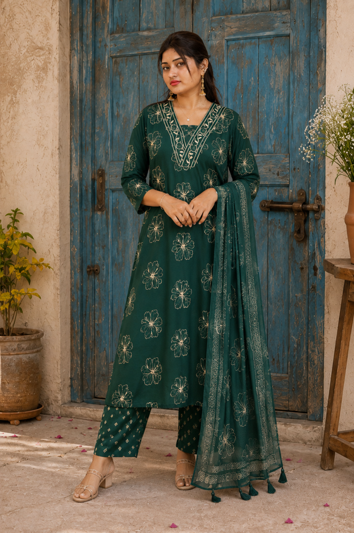 Emerald Bloom Floral Embroidered Kurta Set