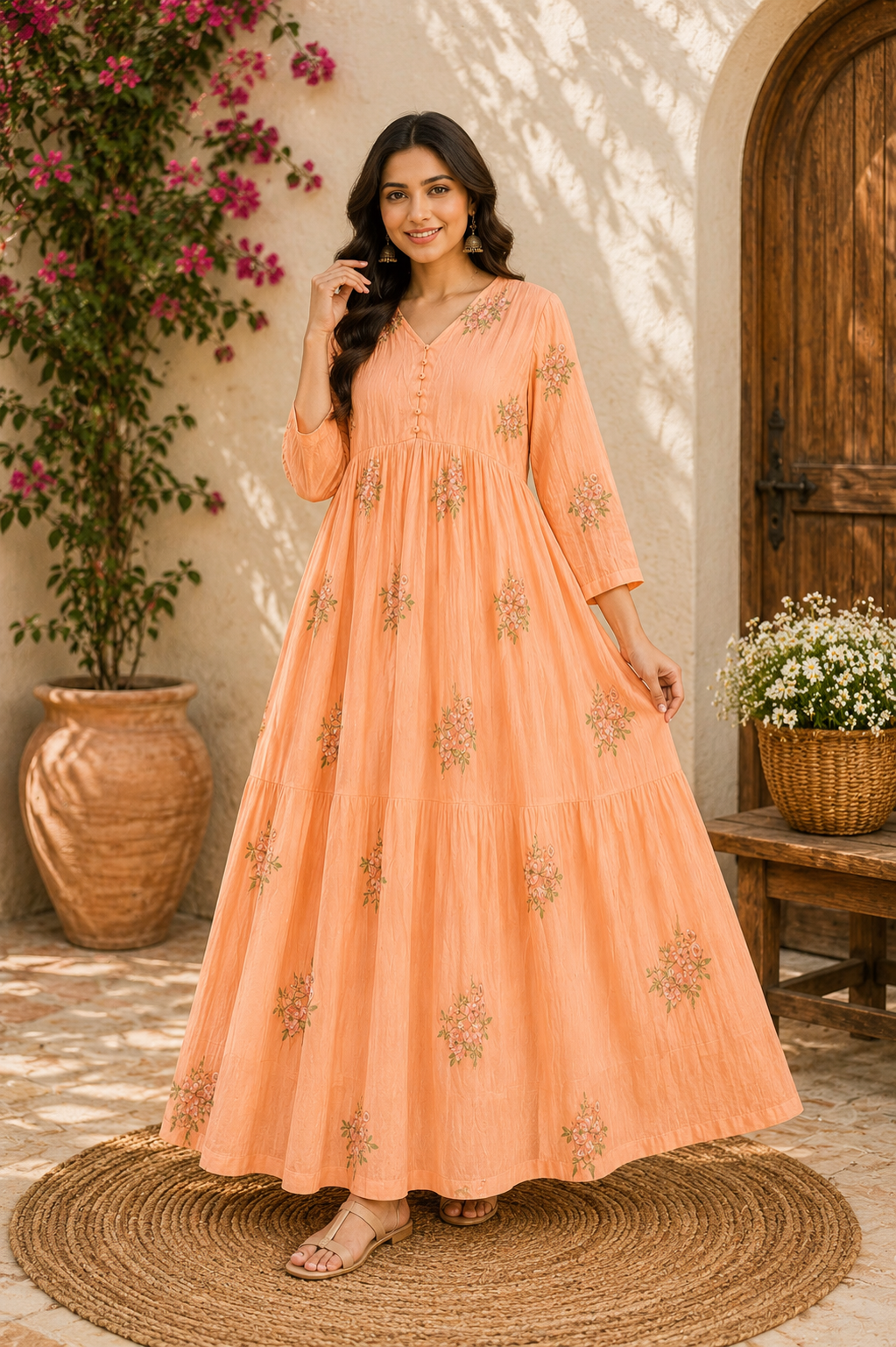 Peach Floral Printed Tiered Maxi Dress
