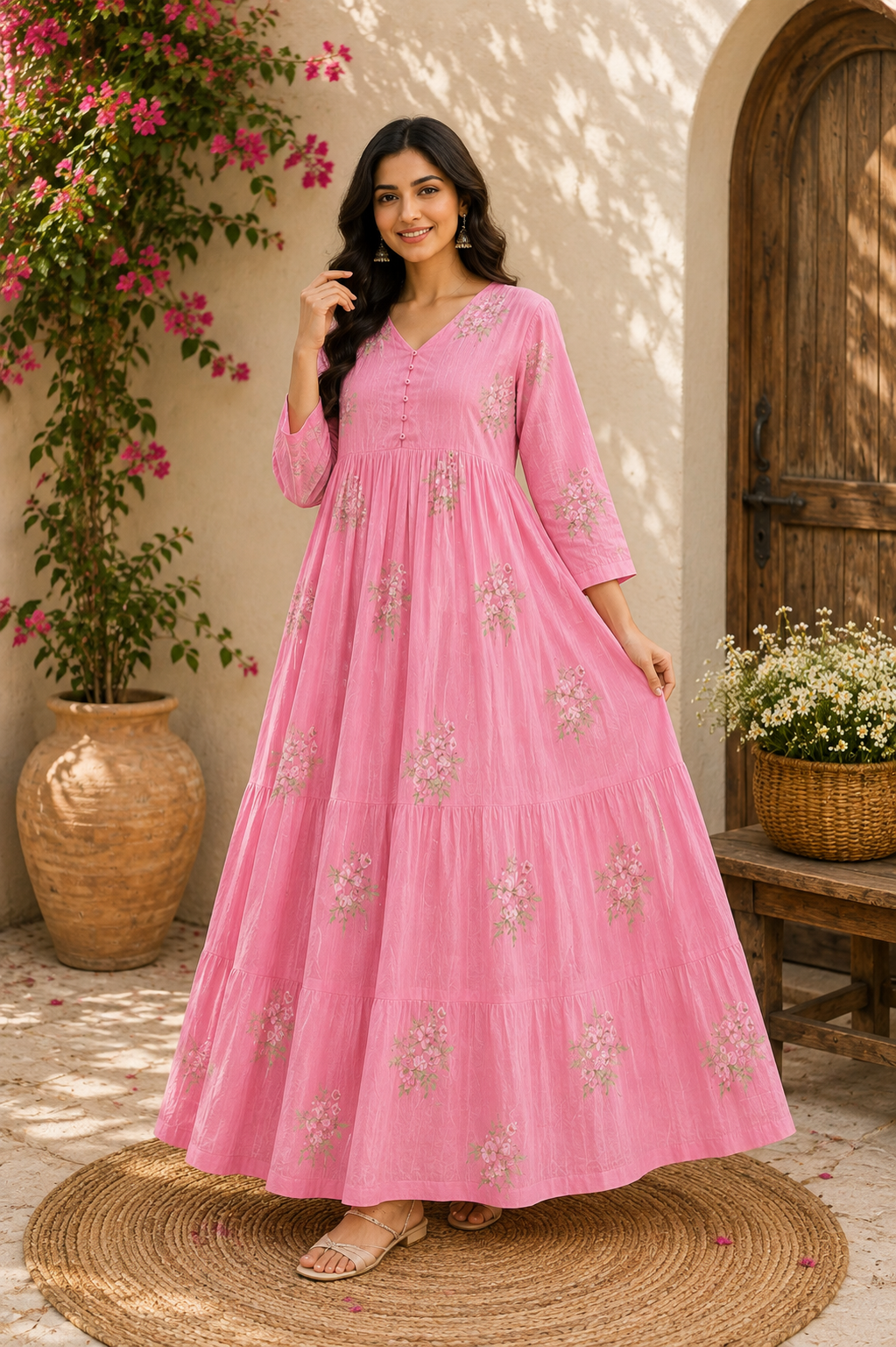 Pink Floral Printed Tiered Maxi Dress