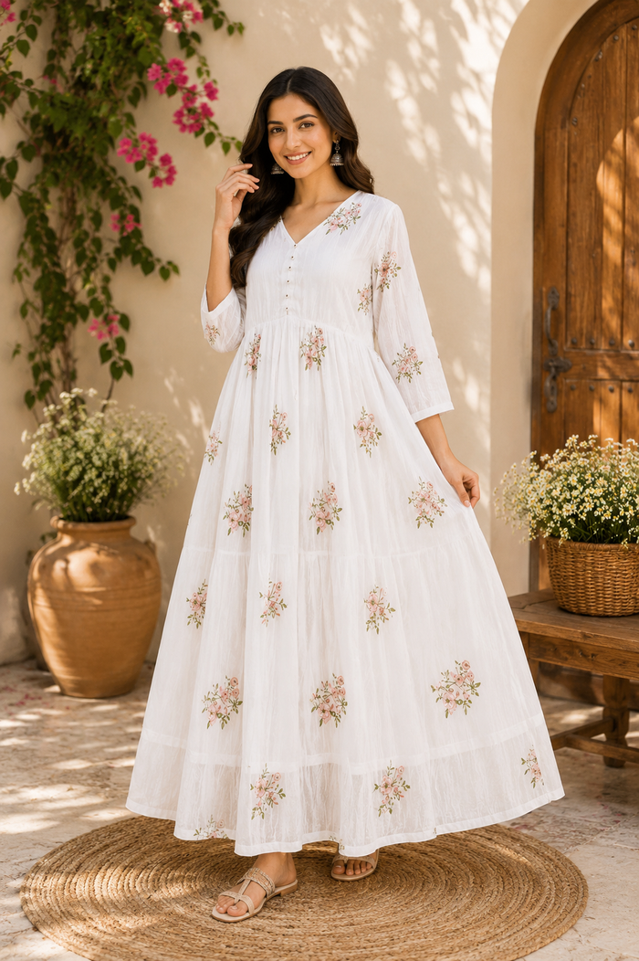 White Floral Printed Maxi Dress