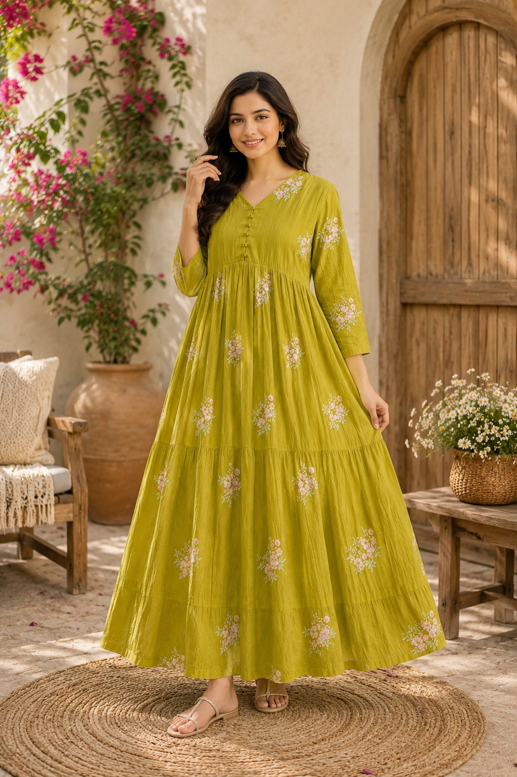Olive Green Floral Printed Maxi Dress