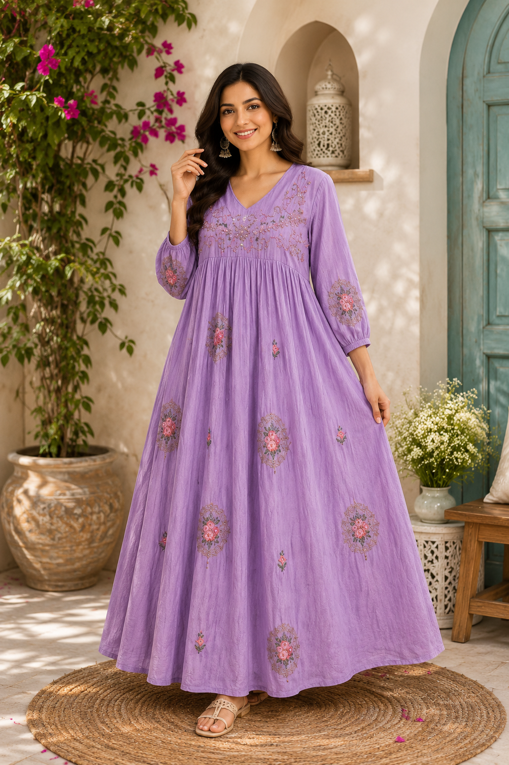 Lavender Floral Embroidered Maxi Dress