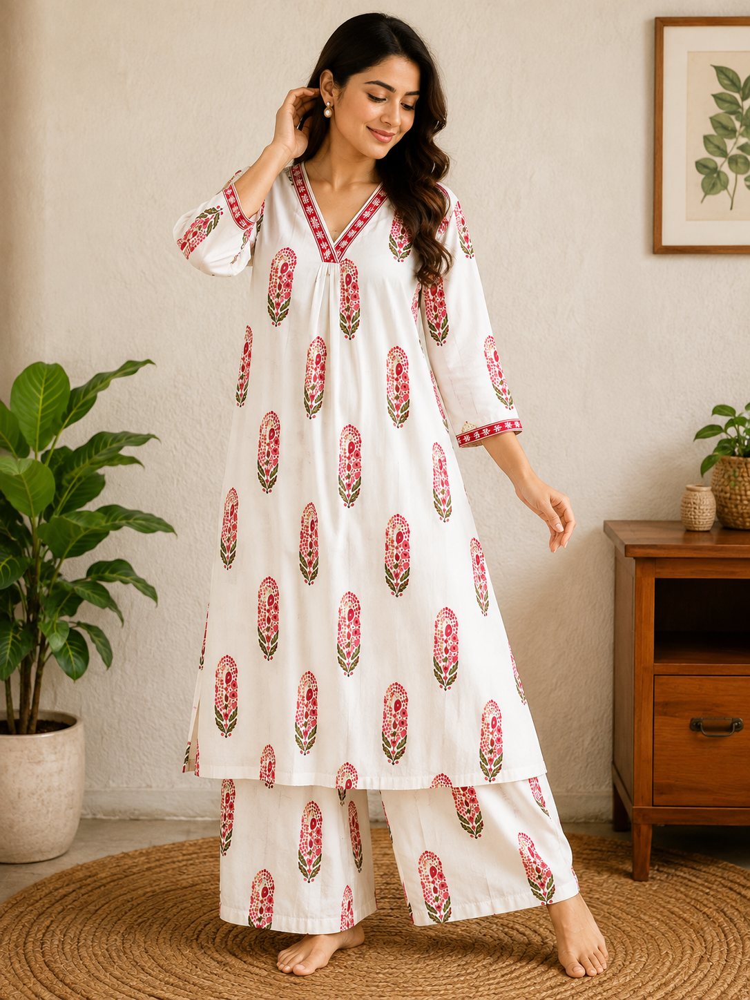 Ivory Floral Printed Kurta Palazzo Set