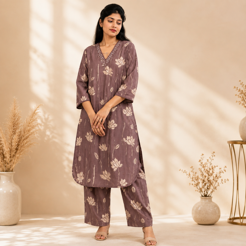 Mauve Lotus Printed Kurti Pant Set