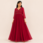Wine Red Embroidered Pleated Anarkali Dress