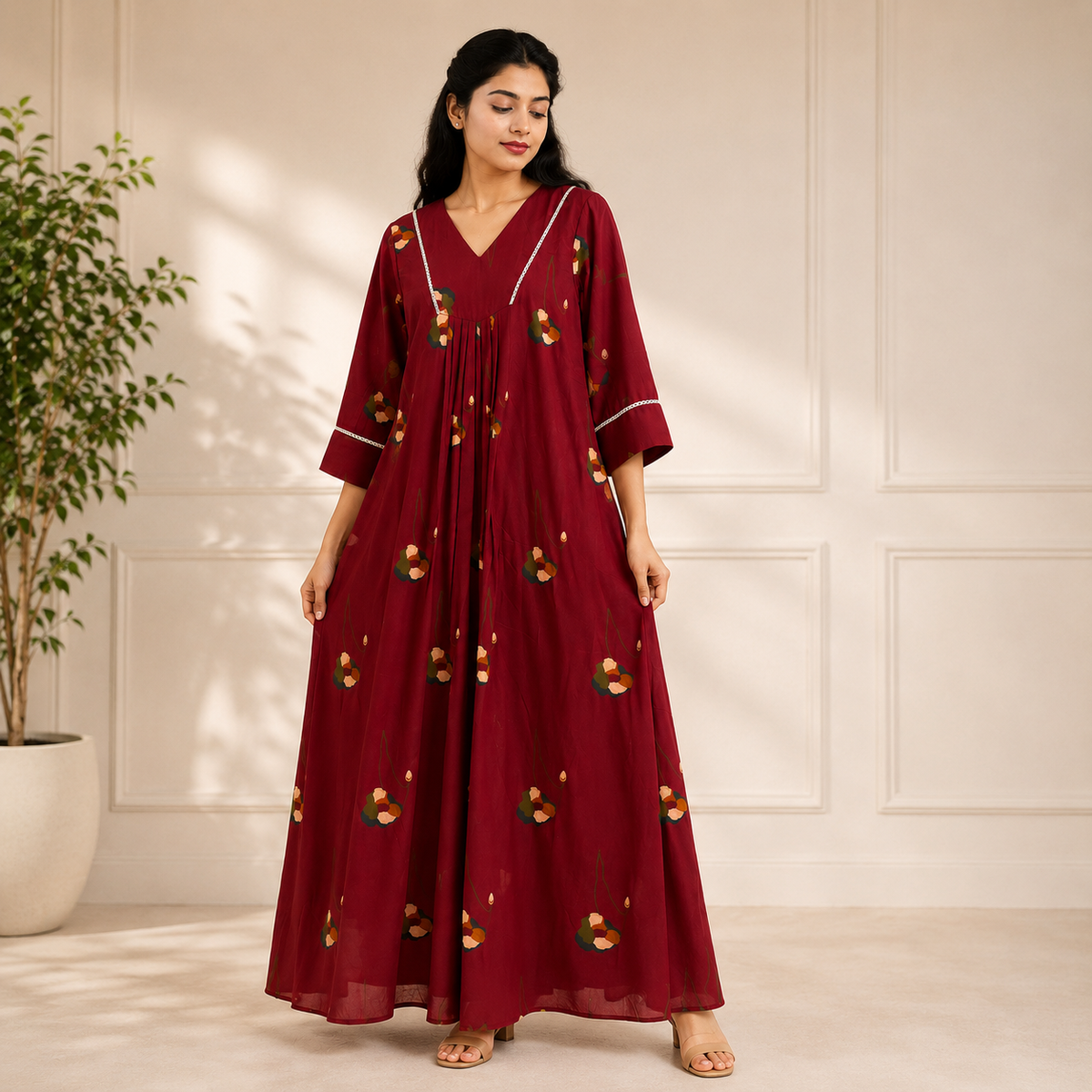 Maroon Floral Printed Flared Anarkali Dress