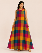 Multicolor Checked Flared Maxi Dress