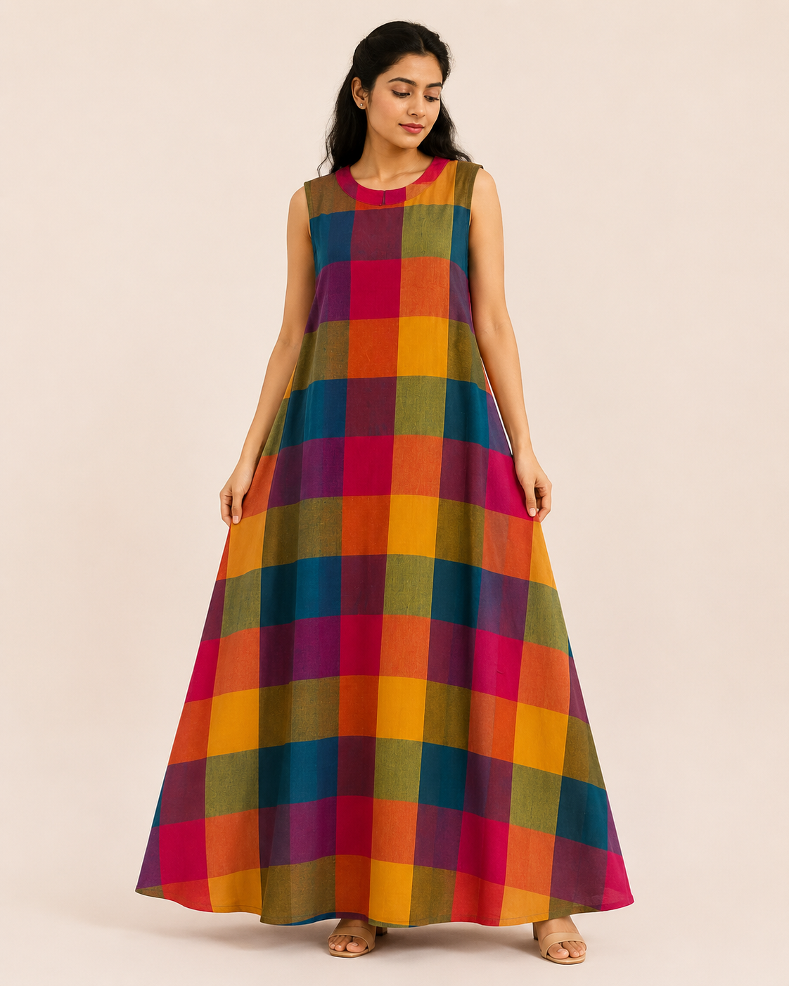 Multicolor Checked Flared Maxi Dress