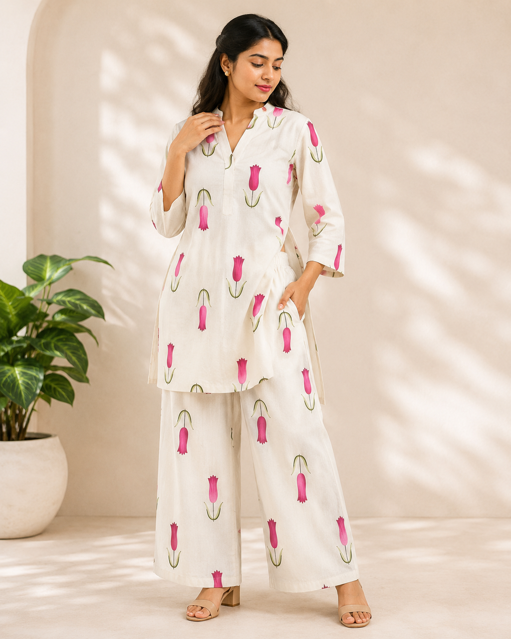 White Tulip Printed Kurta Palazzo Set