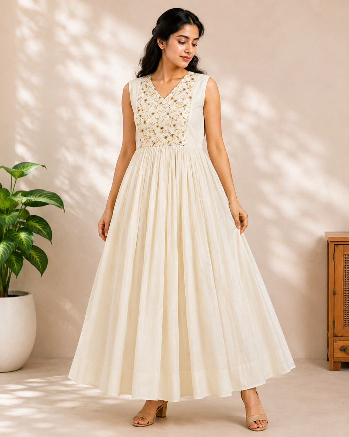Ivory Floral Embroidered Flared Maxi Dress