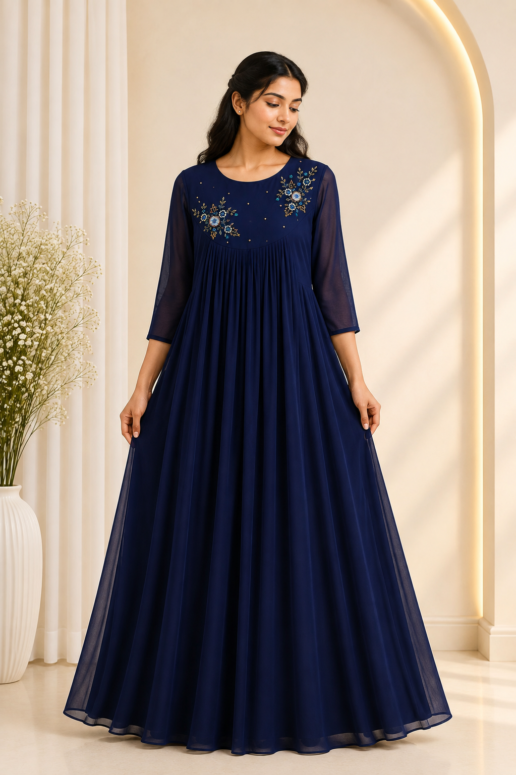 Navy Blue Embroidered Flared Anarkali Dress