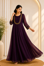 Royal Plum Gold Embroidered Anarkali Dress