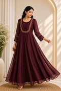 Burgundy Gold Embroidered Anarkali Dress