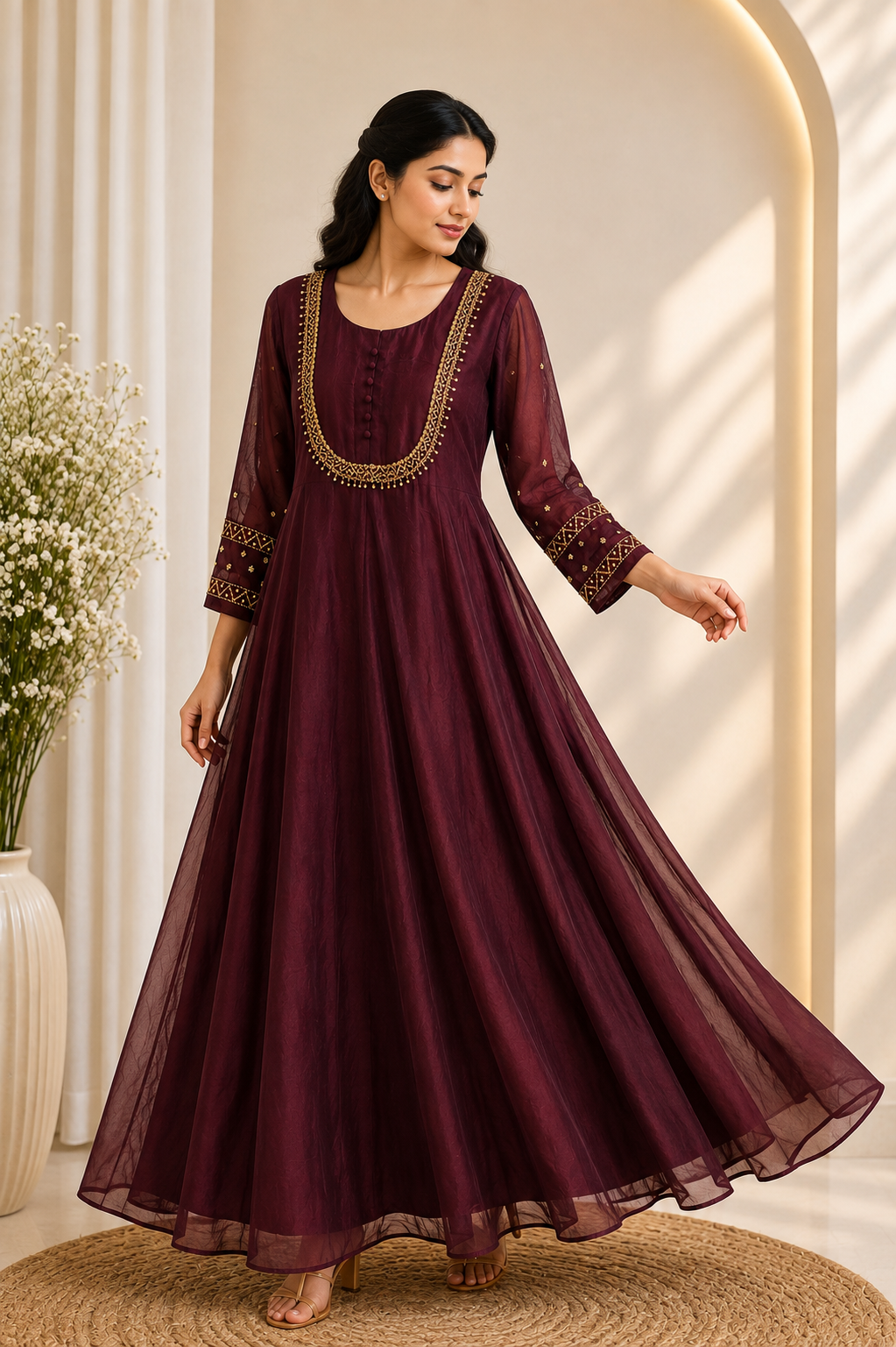 Burgundy Gold Embroidered Anarkali Dress