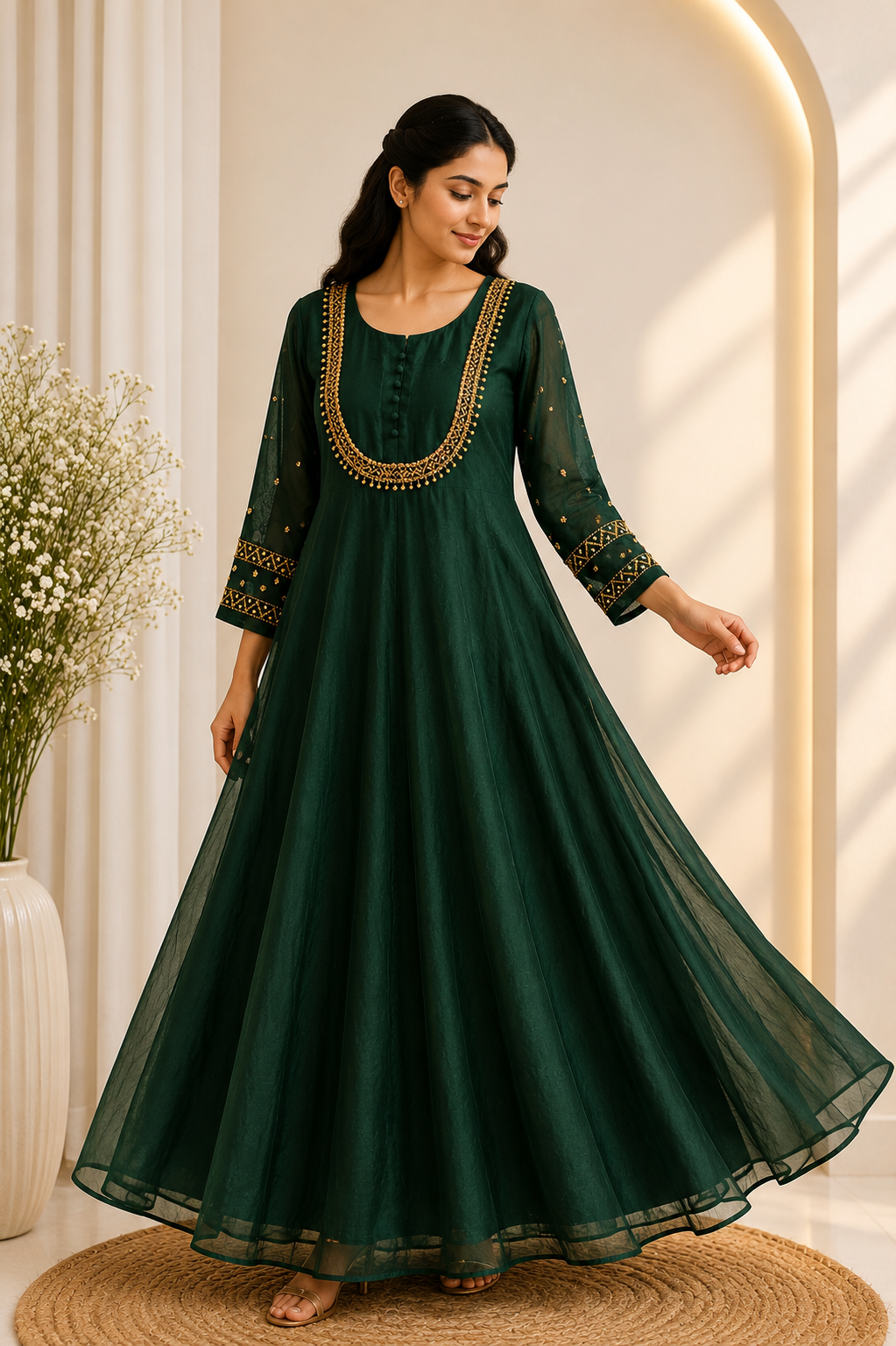 Emerald Green Embroidered Anarkali Dress