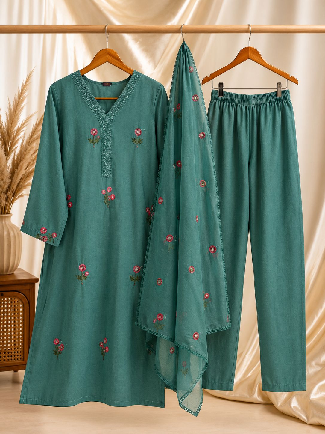 Teal Embroidered Anarkali Kurti Set