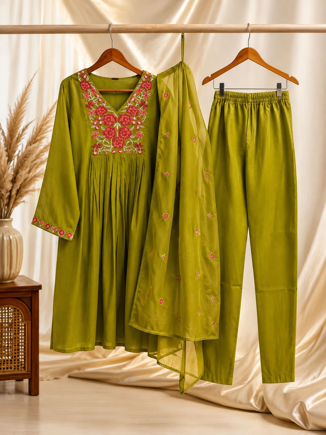 Olive Green Embroidered Anarkali Set