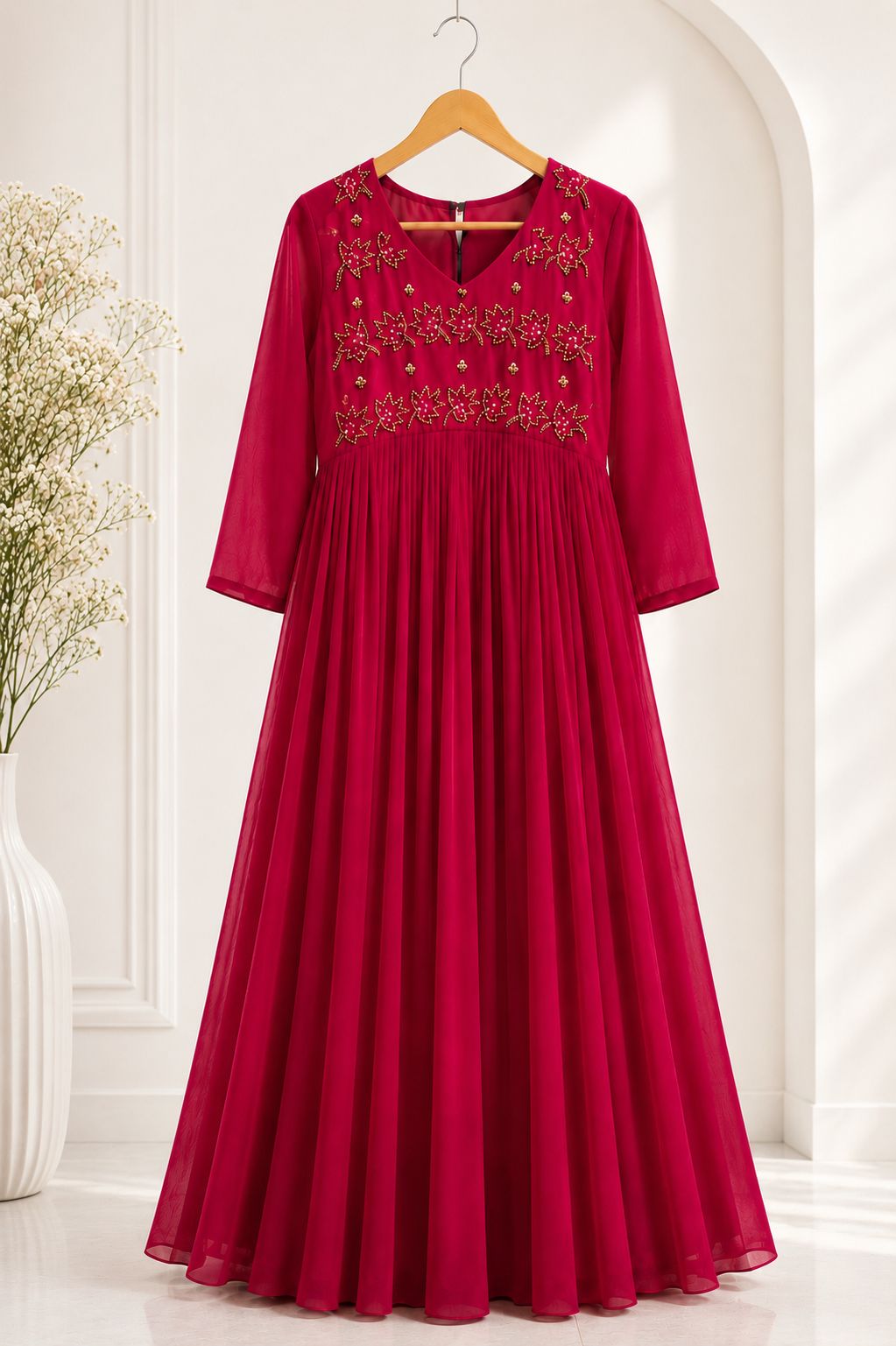 Wine Red Embroidered Pleated Anarkali Dress