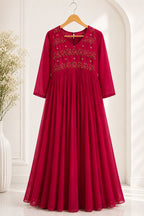 Wine Red Embroidered Pleated Anarkali Dress