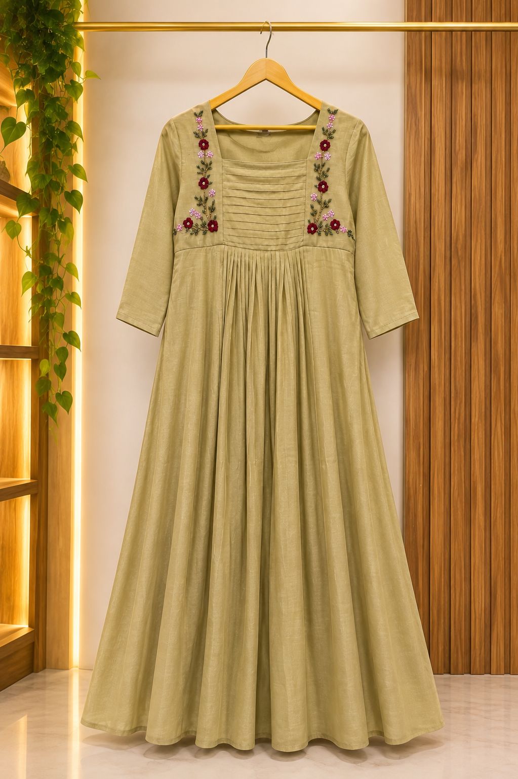 Sage Green Floral Anarkali Dress