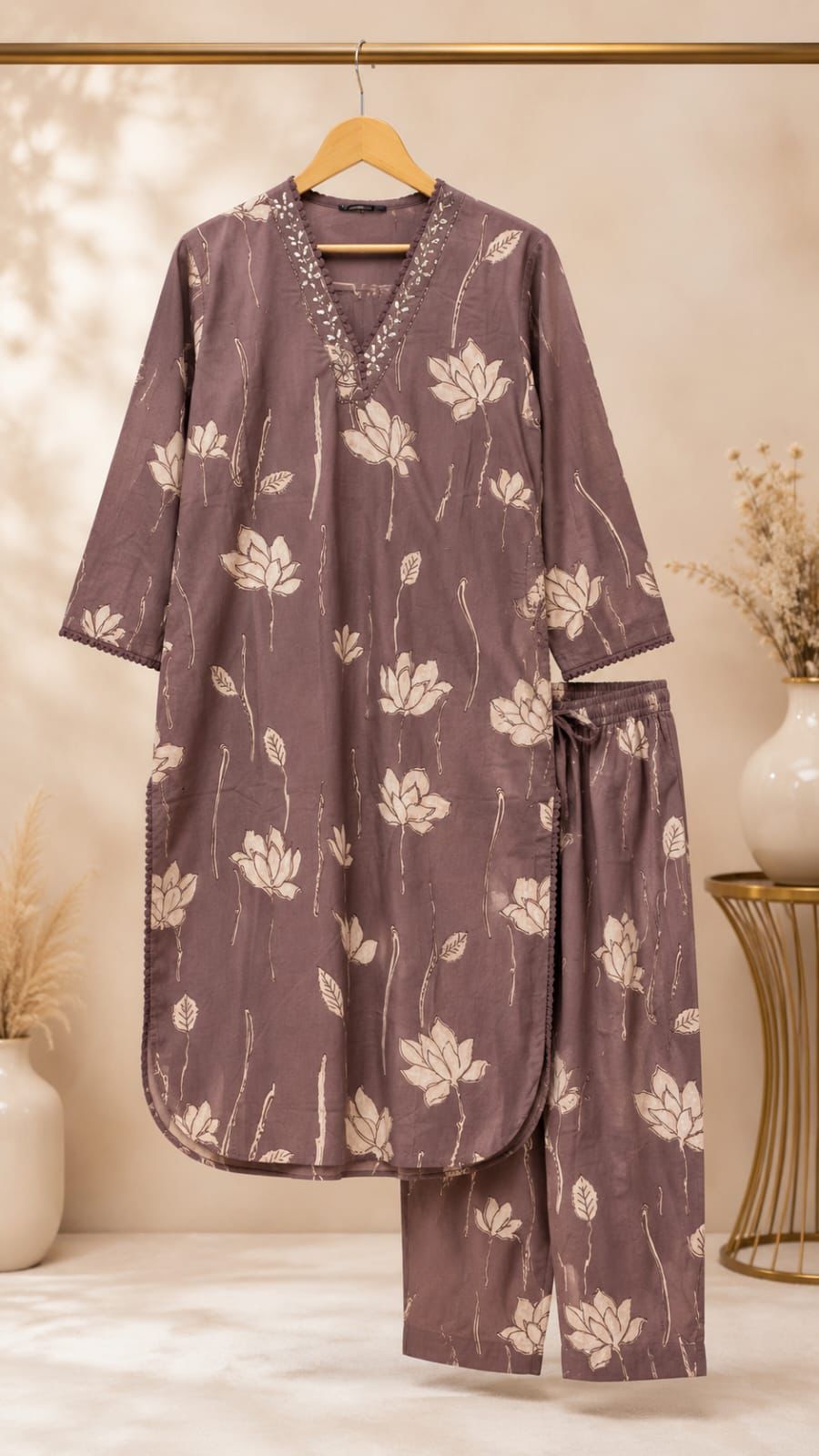 Mauve Lotus Printed Kurti Pant Set