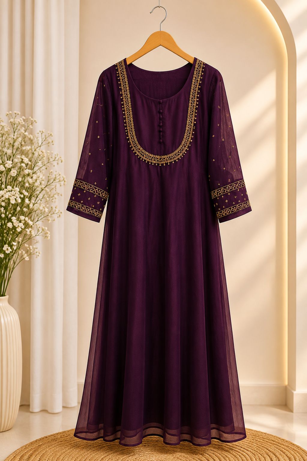 Royal Plum Gold Embroidered Anarkali Dress