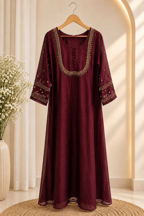 Burgundy Gold Embroidered Anarkali Dress