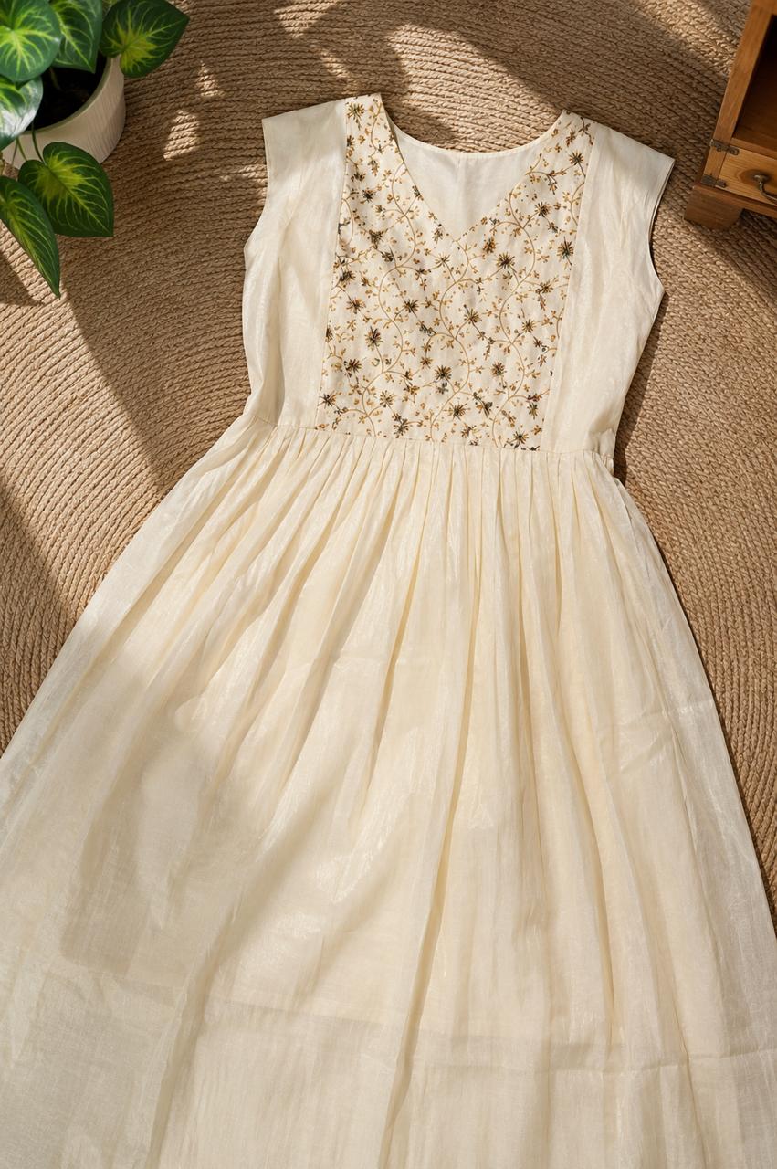 Ivory Floral Embroidered Flared Maxi Dress