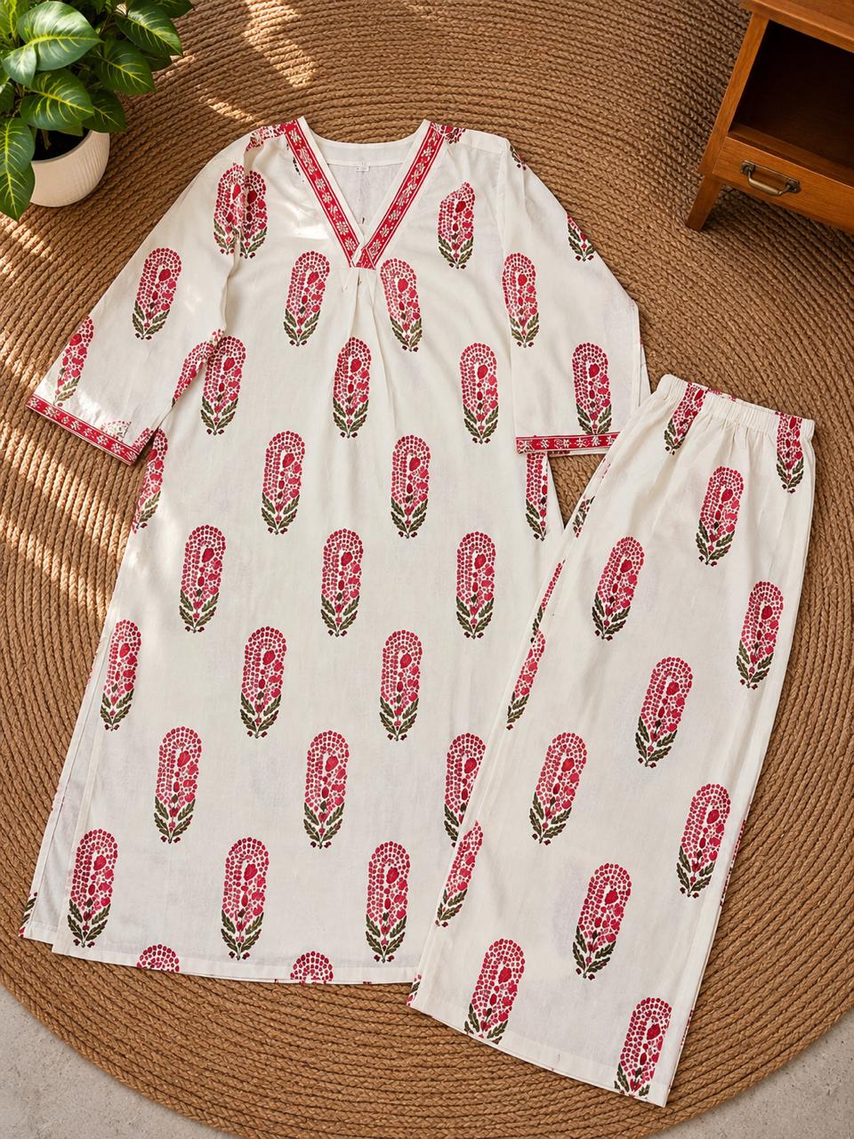 Ivory Floral Printed Kurta Palazzo Set