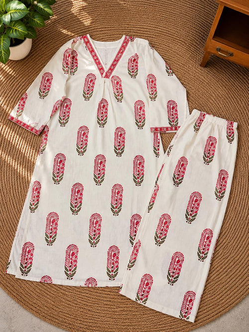 Ivory Floral Printed Kurta Palazzo Set