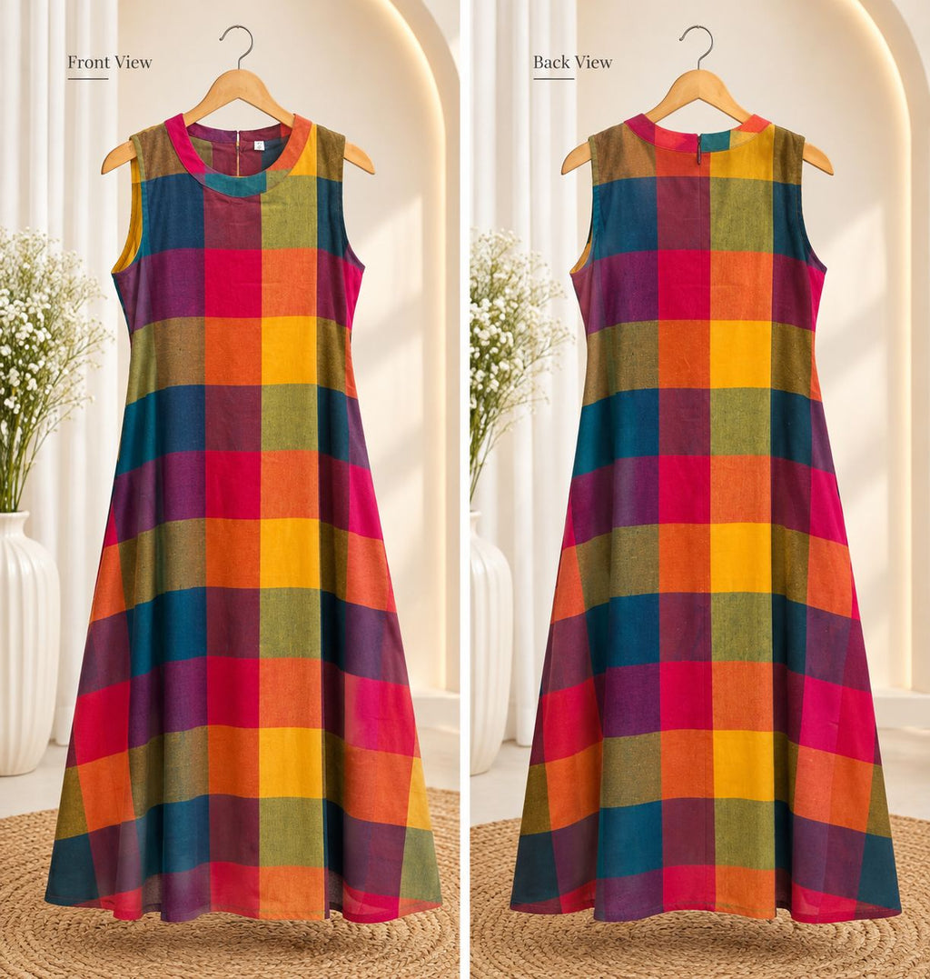 Multicolor Checked Flared Maxi Dress