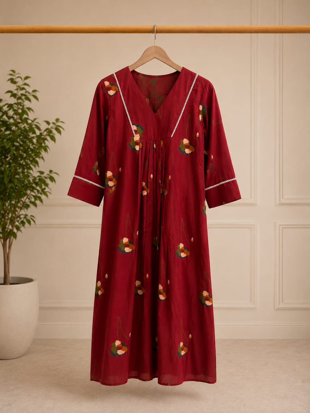 Maroon Floral Printed Flared Anarkali Dress