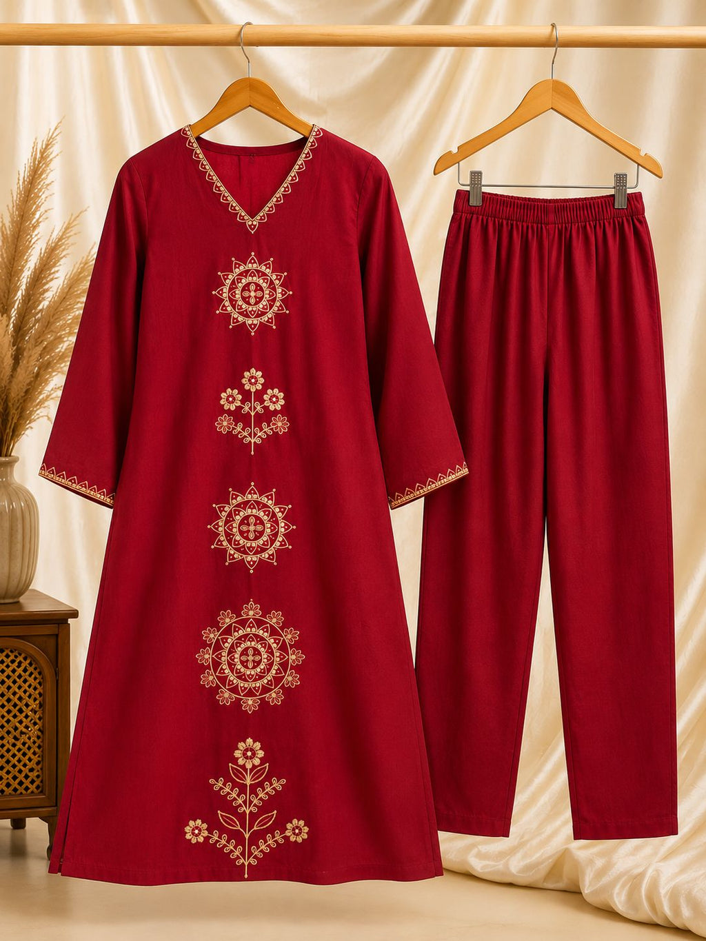 Maroon Embroidered Kurta Set