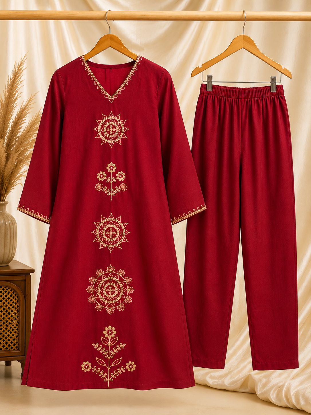 Maroon Embroidered Kurta Set