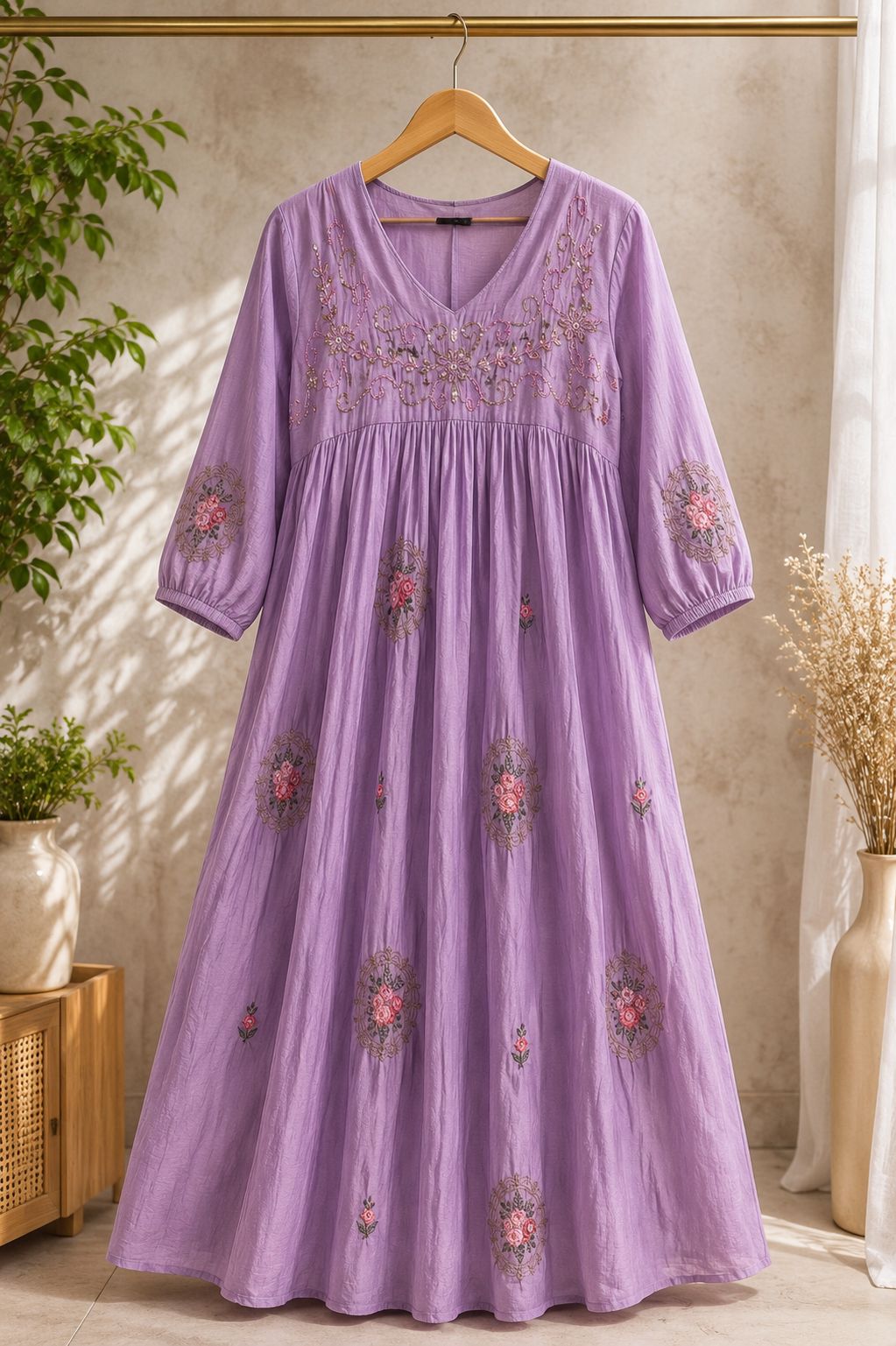 Lavender Floral Embroidered Maxi Dress