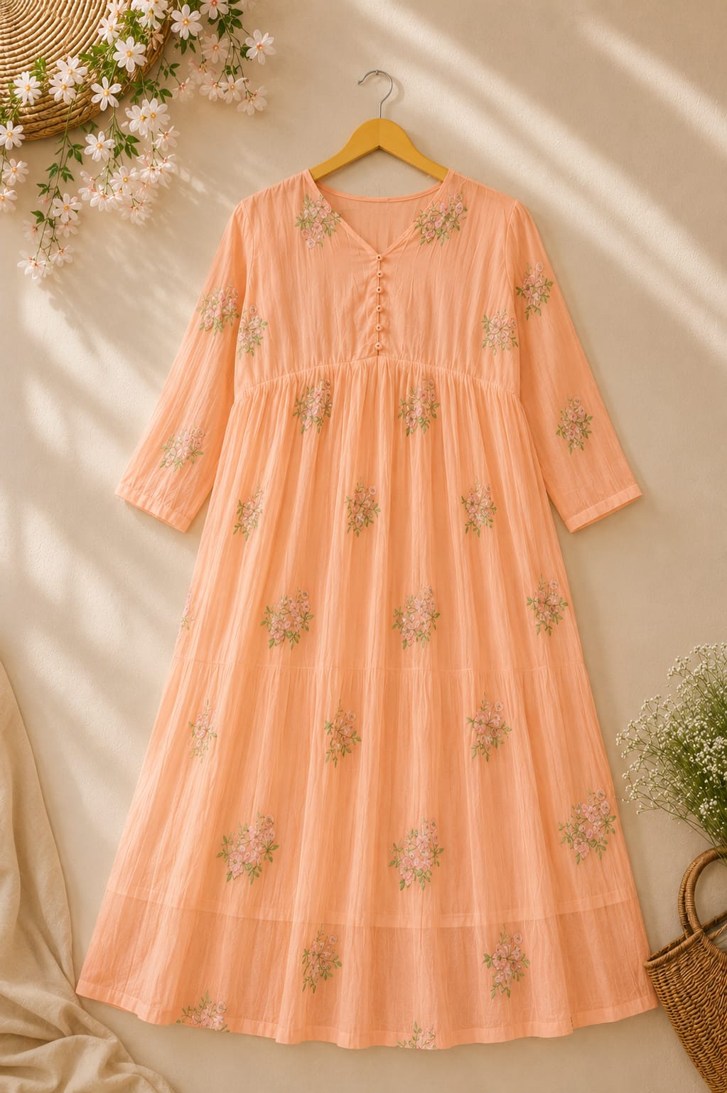 Peach Floral Printed Tiered Maxi Dress