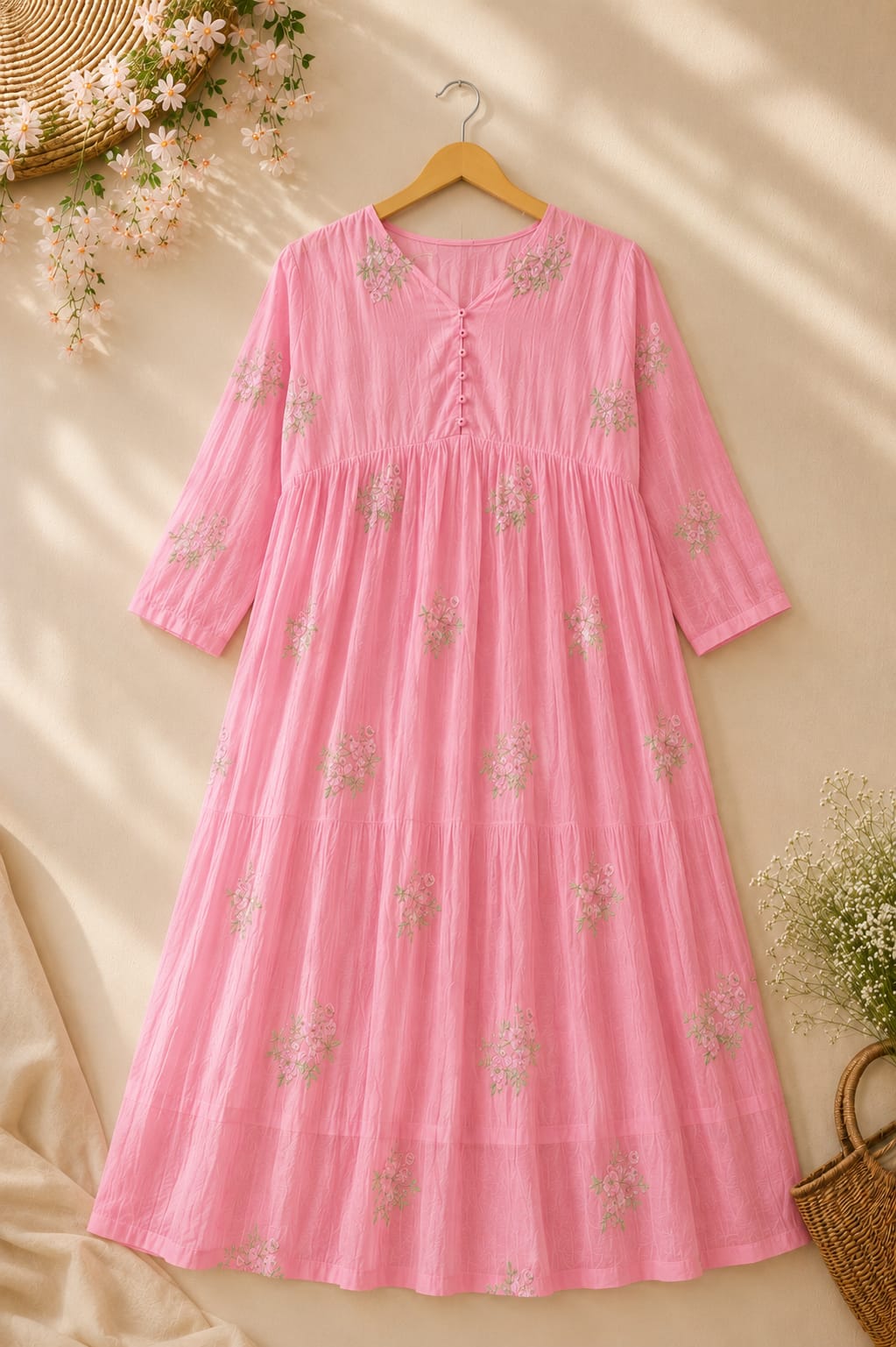 Pink Floral Printed Tiered Maxi Dress