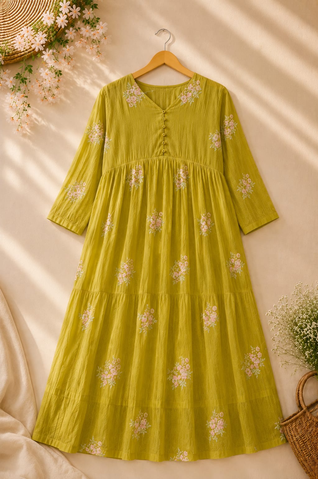 Olive Green Floral Printed Maxi Dress